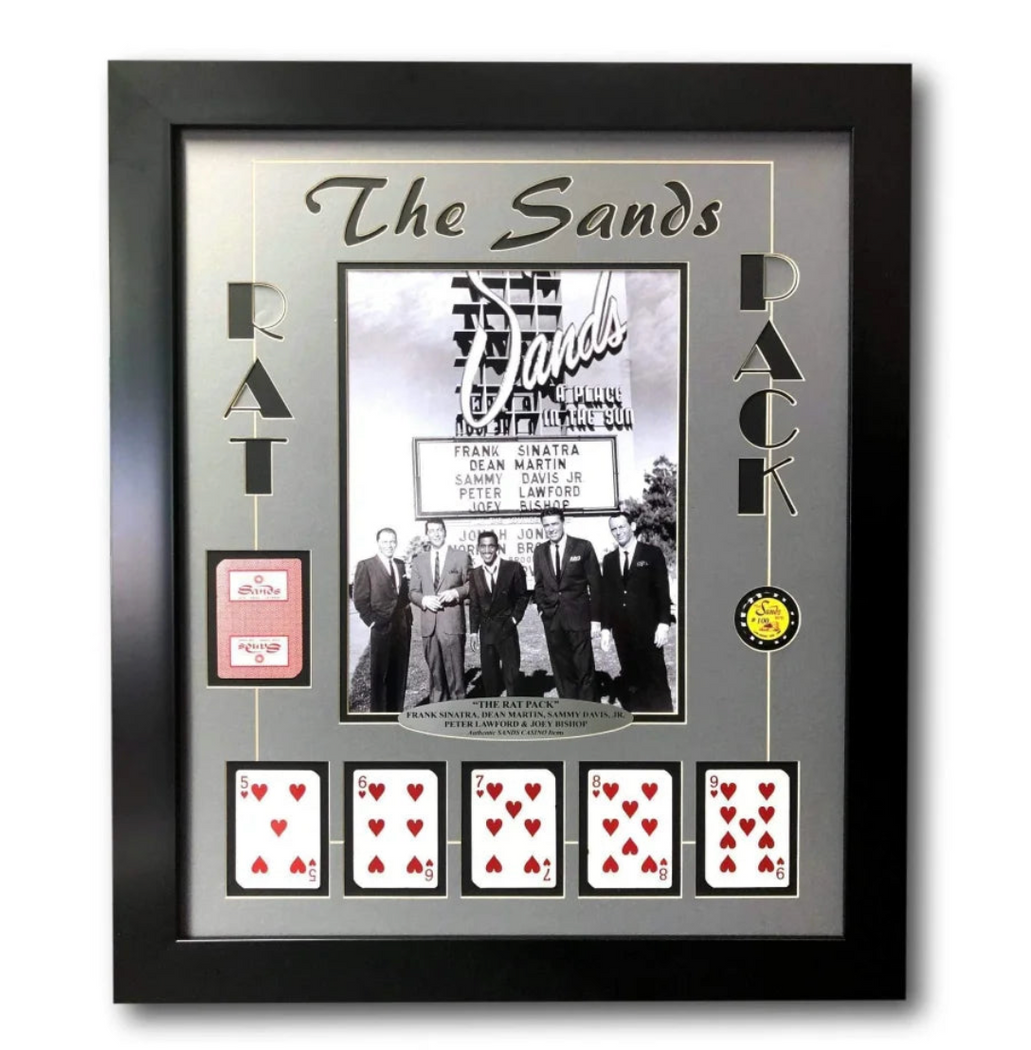 Rat Pack Vegas Collage W/ Authentic Sands Playing Cards Framed