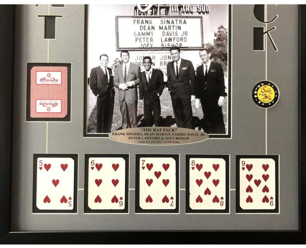Rat Pack Vegas Collage W/ Authentic Sands Playing Cards Framed