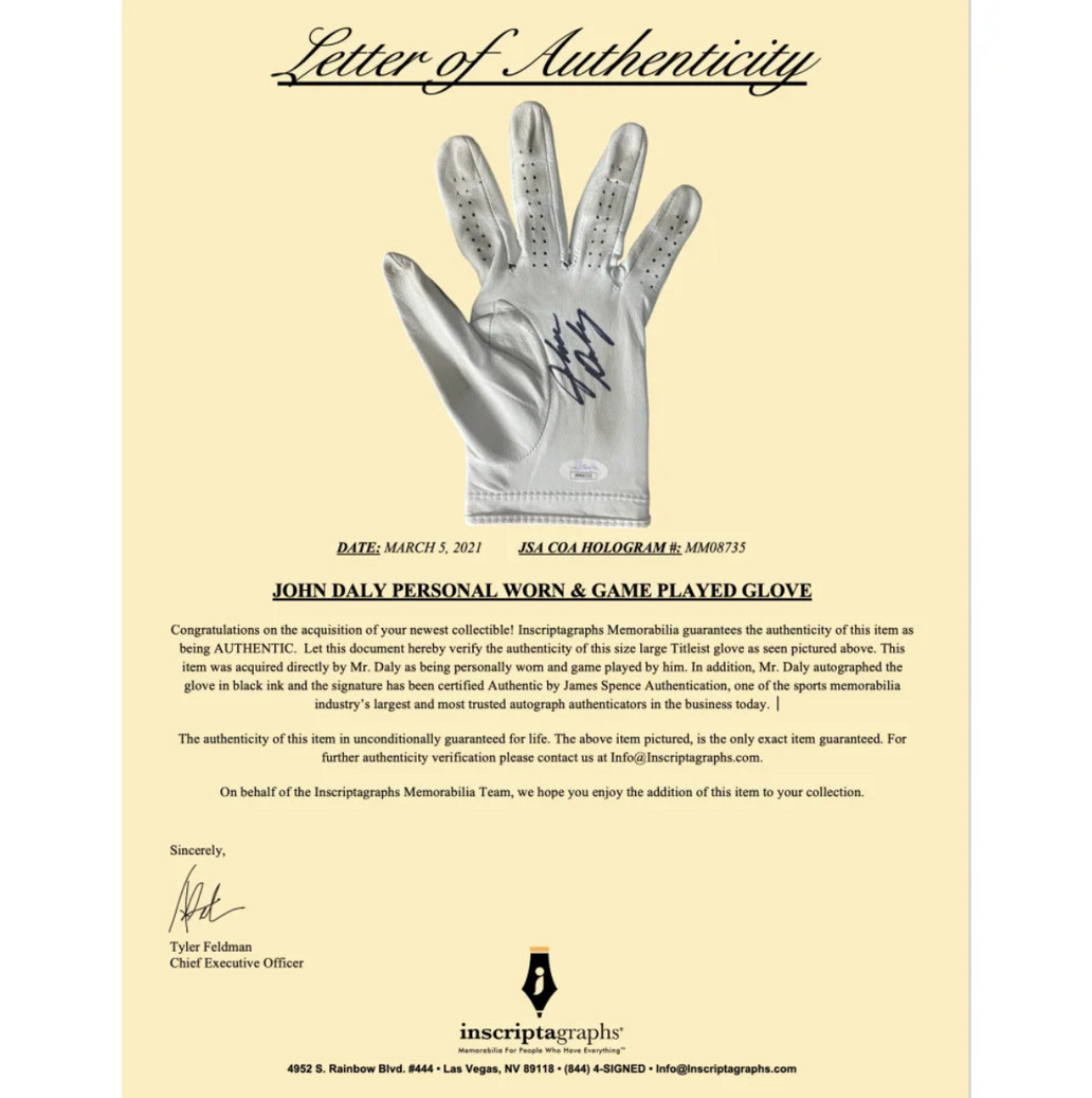 John Daly Signed & Game Played / Worn Golf Glove Framed JSA COA Autogr —  Billiards.com, Inc