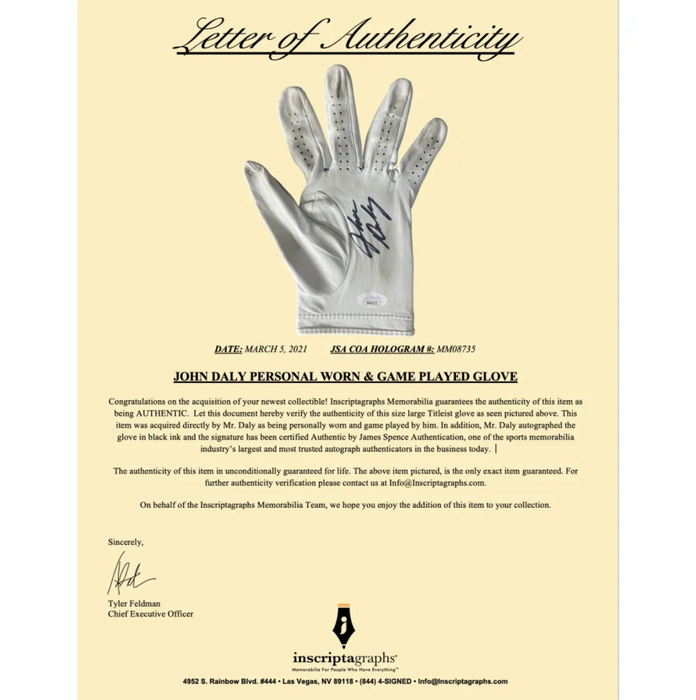 John Daly Signed & Game Played / Worn Golf Glove Framed JSA COA Autograph Cigarette Photo